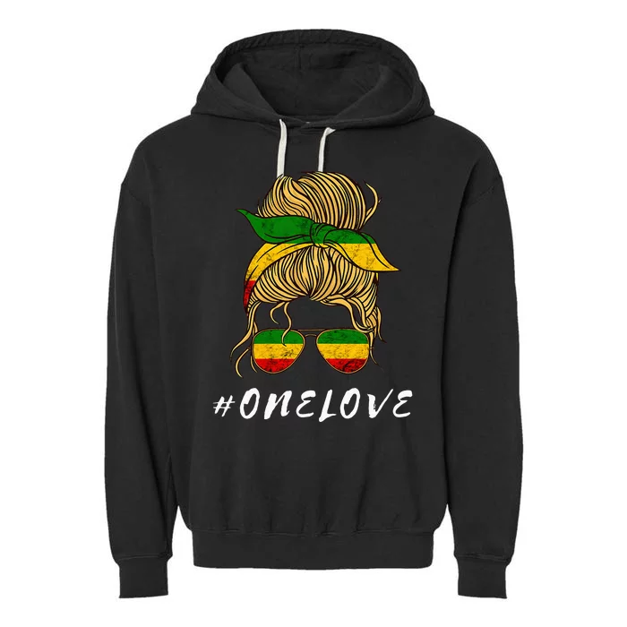 Rasta Reggae Music One Love Messy Bun Hair Jamaica Rastafari Garment-Dyed Fleece Hoodie