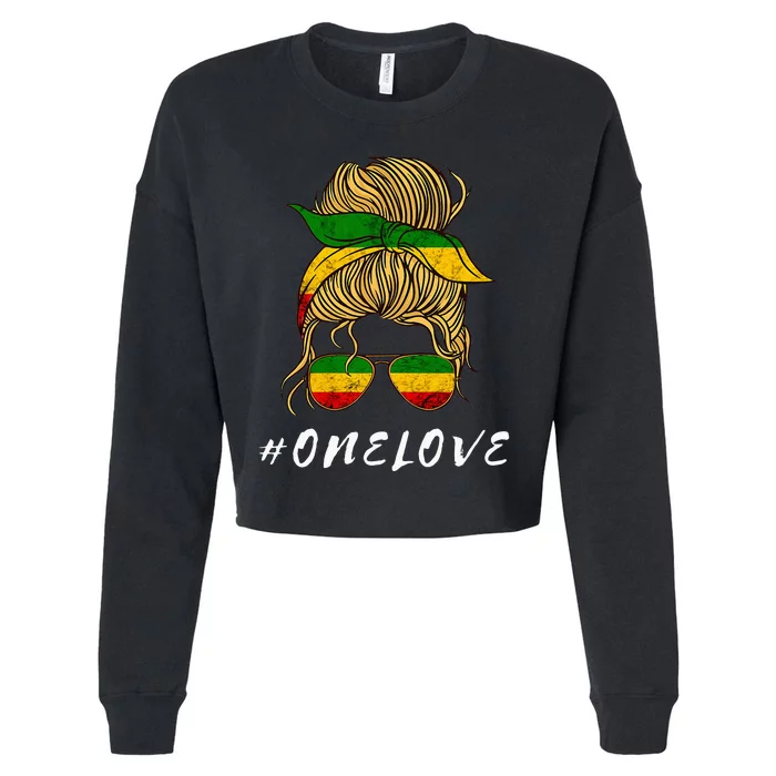 Rasta Reggae Music One Love Messy Bun Hair Jamaica Rastafari Cropped Pullover Crew