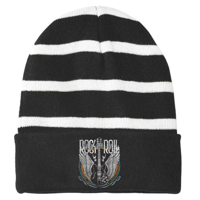 Rock & Roll Music Guitar Wings Vintage Retro Striped Beanie with Solid Band