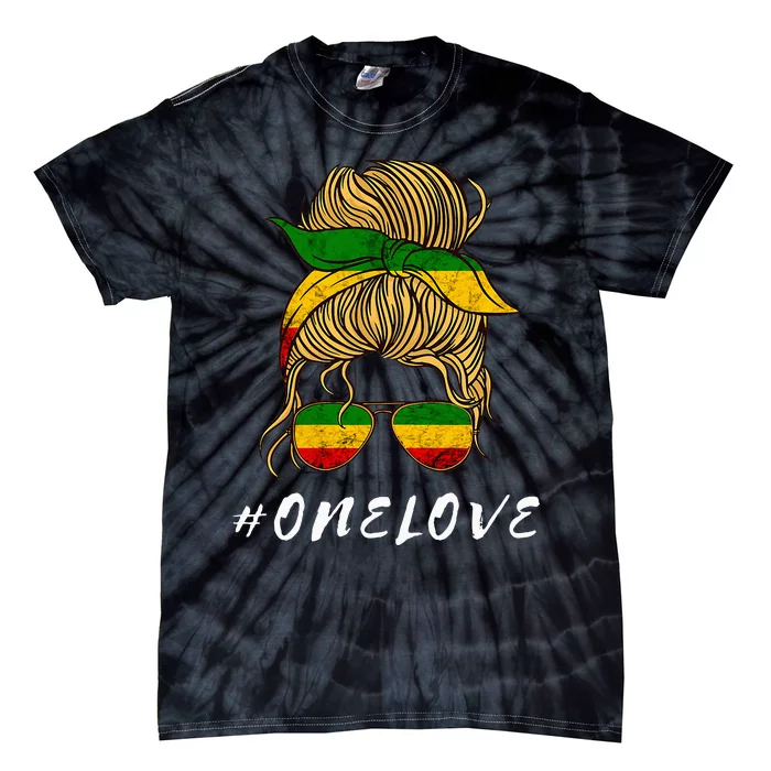 Rasta Reggae Music One Love Messy Bun Hair Jamaica Rastafari Tie-Dye T-Shirt