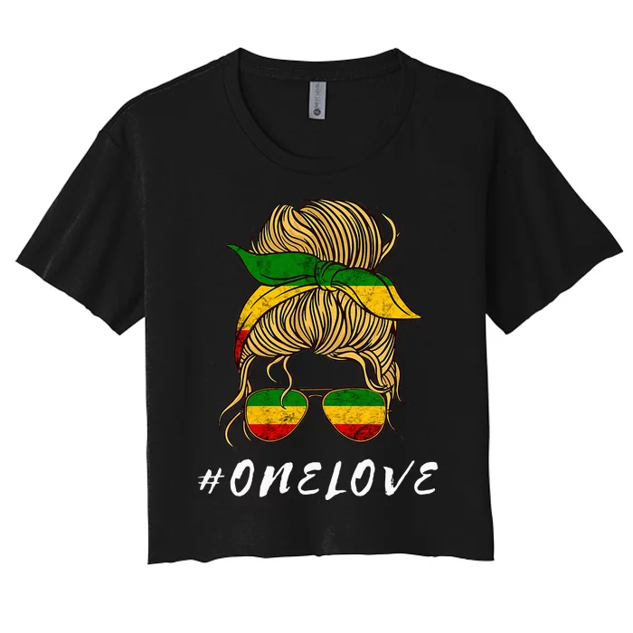 Rasta Reggae Music One Love Messy Bun Hair Jamaica Rastafari Women's Crop Top Tee