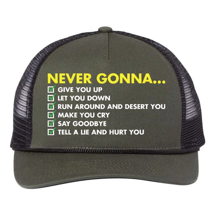 Rick Roll Never Gonna Checklist Retro Rope Trucker Hat Cap