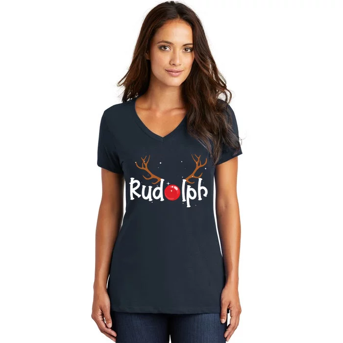 Rudolph Red Nose Reindeer Christmas Funny Women's V-Neck T-Shirt