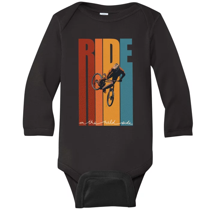 Retro Ride On The Wild Side Mountain Bike Art Baby Long Sleeve Bodysuit