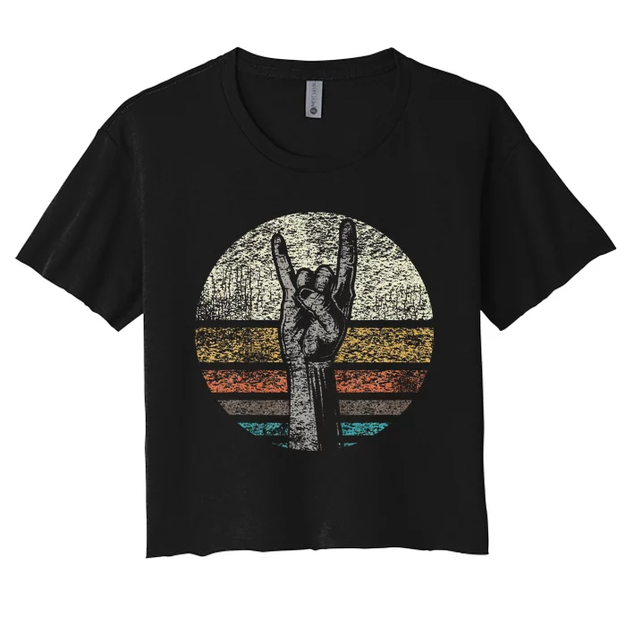 Retro Rock On Hand Horns For Rock And Roll Music Lovers Women's Crop Top Tee