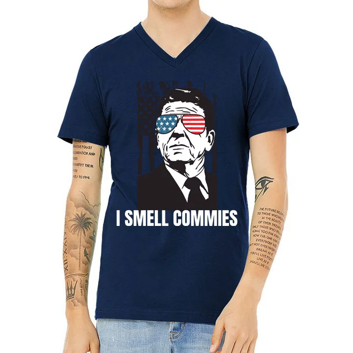 Ronald Reagan President I Smell Commies, Political Humor V-Neck T-Shirt