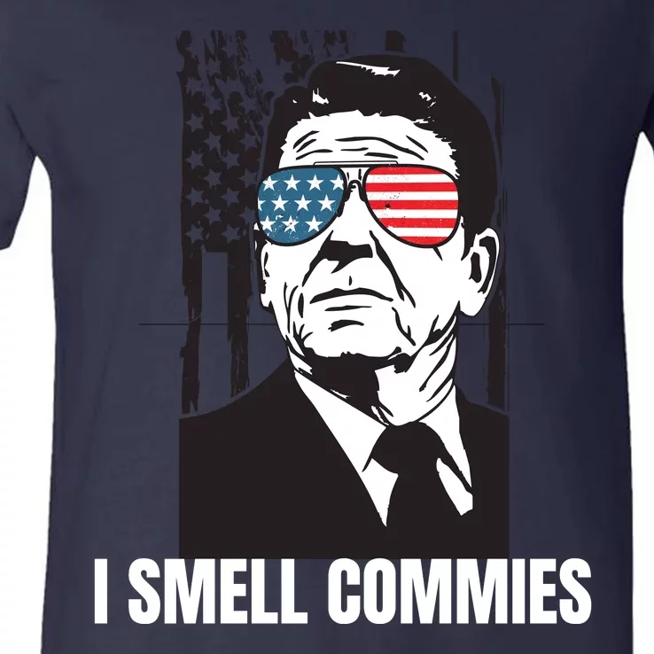 Ronald Reagan President I Smell Commies, Political Humor V-Neck T-Shirt