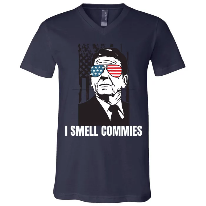 Ronald Reagan President I Smell Commies, Political Humor V-Neck T-Shirt