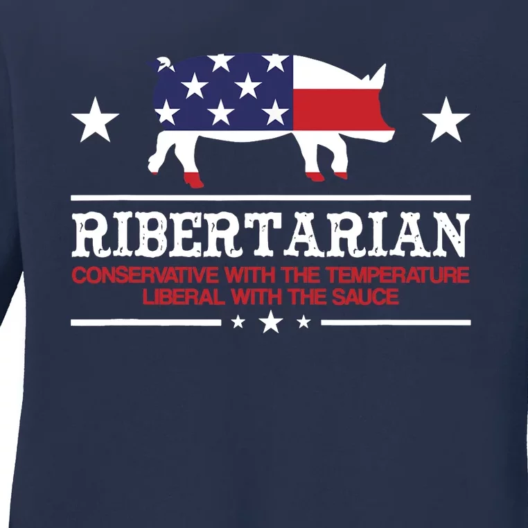 Ribertarian Ribs Pig Patriot Grilling Smoker Grill Funny BBQ Ladies Long Sleeve Shirt