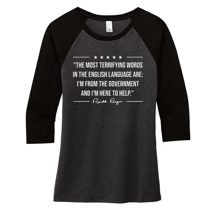 Ron Reagan Quote The Most Terrifying Words Government Help Women's Tri-Blend 3/4-Sleeve Raglan Shirt