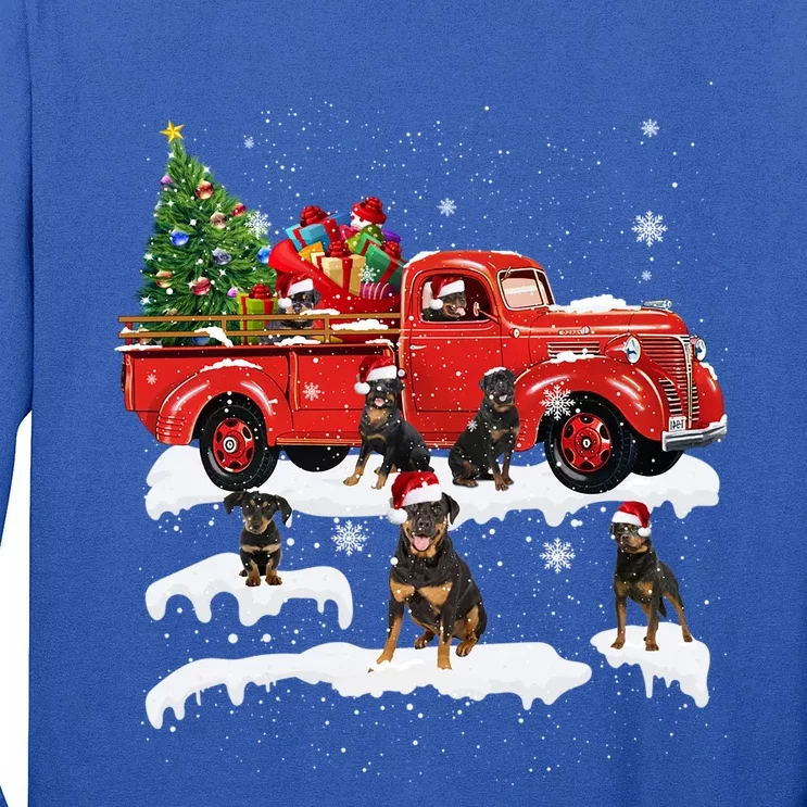 Rottweiler Riding Red Truck Merry Christmas Xmas Ugly Gift Long Sleeve Shirt