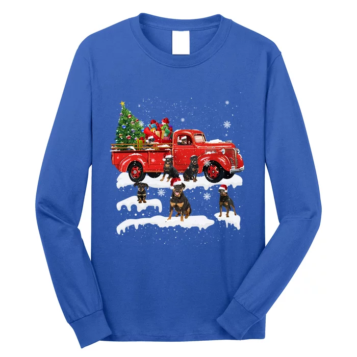 Rottweiler Riding Red Truck Merry Christmas Xmas Ugly Gift Long Sleeve Shirt