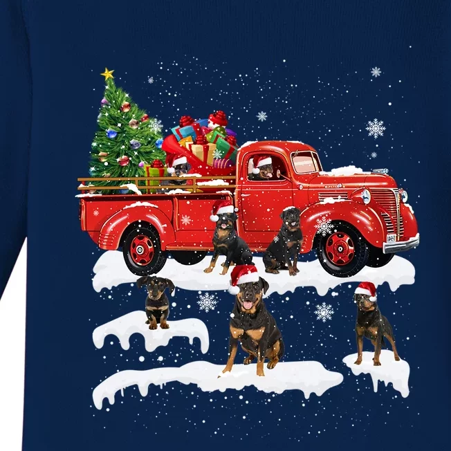 Rottweiler Riding Red Truck Merry Christmas Xmas Ugly Gift Baby Long Sleeve Bodysuit