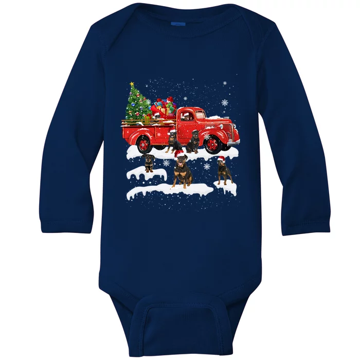 Rottweiler Riding Red Truck Merry Christmas Xmas Ugly Gift Baby Long Sleeve Bodysuit