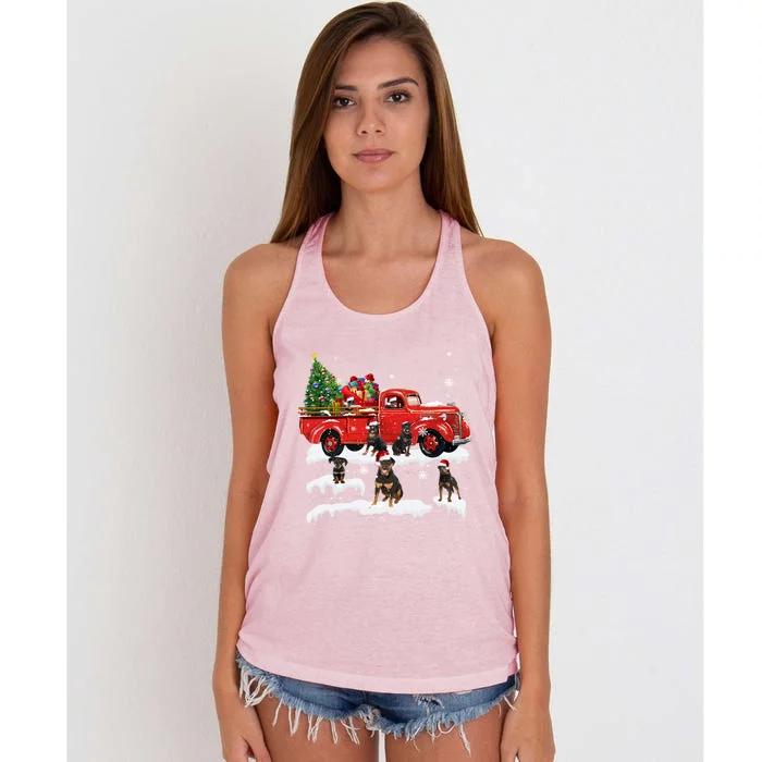 Rottweiler Riding Red Truck Merry Christmas Xmas Ugly Gift Women's Knotted Racerback Tank