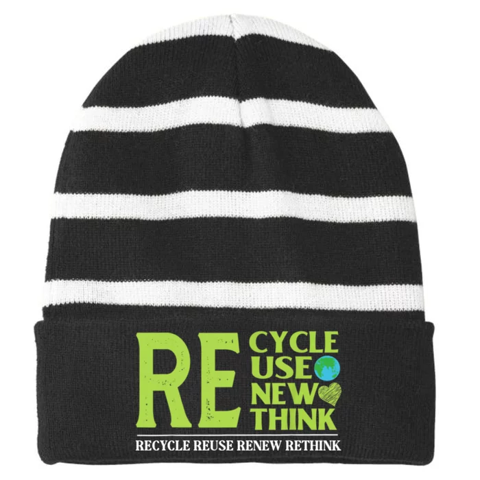 Recycle Reuse Renew Rethink Crisis Environmental Activism Earth Day Striped Beanie with Solid Band