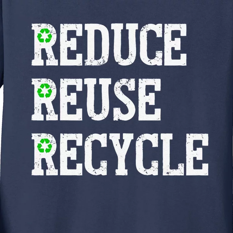 Reduce Reuse Recycle Green Earth Day Distressed Kids Long Sleeve Shirt