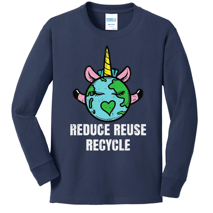 Reduce Reuse Recycle Unicorn Earth Day Environment Kids Long Sleeve Shirt