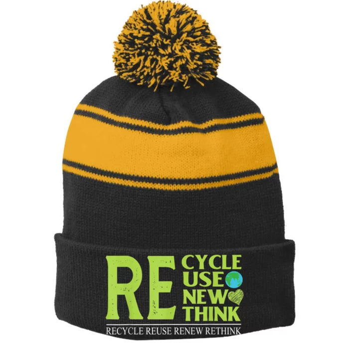 Recycle Reuse Renew Rethink Crisis Environmental Activism Stripe Pom Pom Beanie