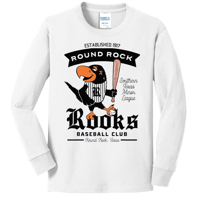 Round Rock Rooks Minor League Retro Baseball Team Kids Long Sleeve Shirt