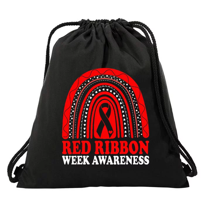 Rainbow Red Ribbon Week Leopard We Wear Red For Awareness Drawstring Bag