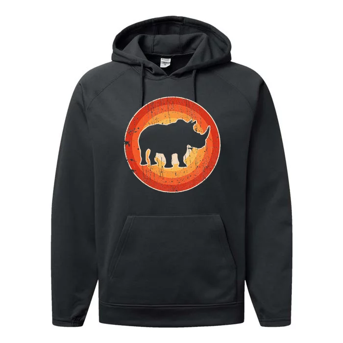 Rhino Rhinoceros Retro Vintage 60s 70s Sunset Mammal Animal Performance Fleece Hoodie