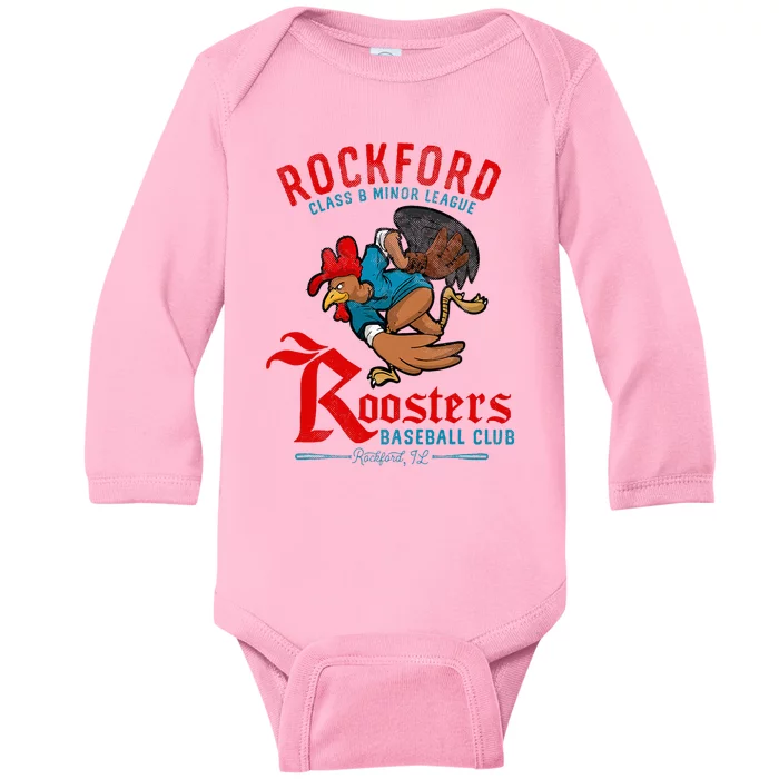 Rockford Roosters Retro Minor League Baseball Baby Long Sleeve Bodysuit