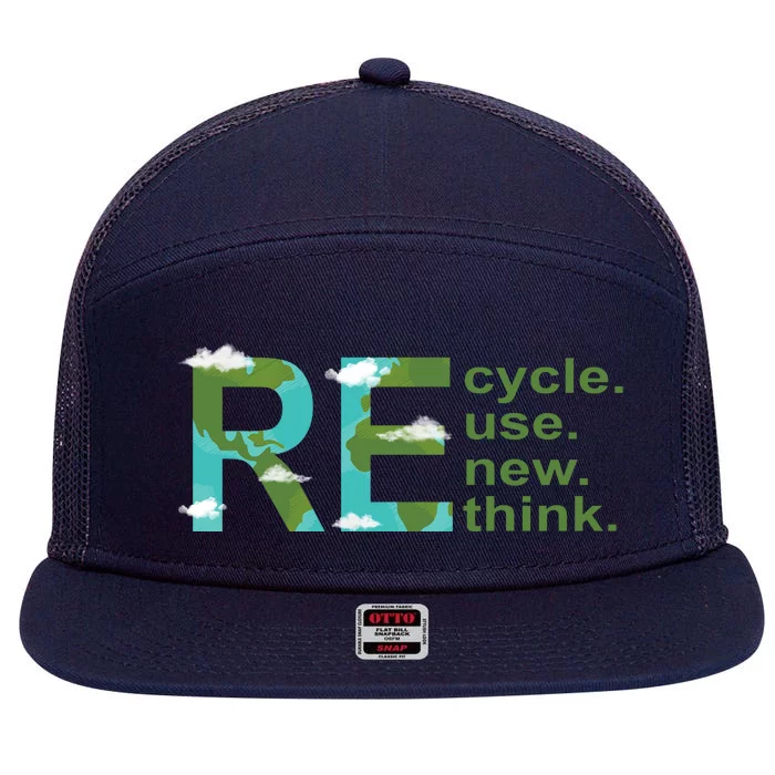 Recycle Reuse Renew Rethink Earth Day 7 Panel Mesh Trucker Snapback Hat