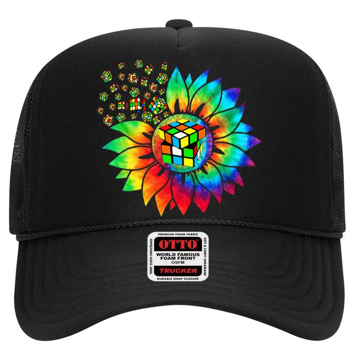 Rubik Rubix Rubics Player Cube Sunflower Color Math Lovers High Crown Mesh Trucker Hat