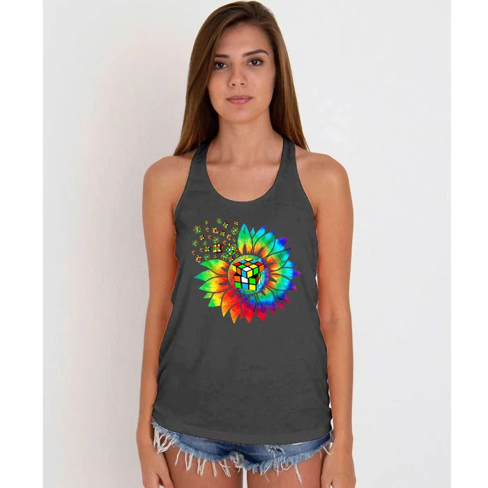 Rubik Rubix Rubics Player Cube Sunflower Color Math Lovers Women's Knotted Racerback Tank