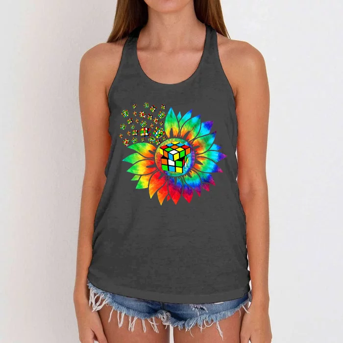 Rubik Rubix Rubics Player Cube Sunflower Color Math Lovers Women's Knotted Racerback Tank