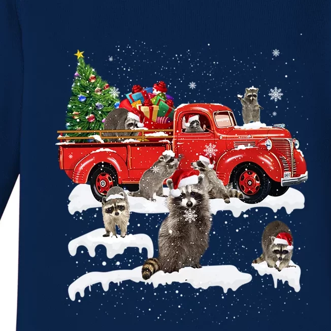 Raccoon Riding Red Truck Merry Christmas Xmas Ugly Gift Funny Gift Baby Long Sleeve Bodysuit