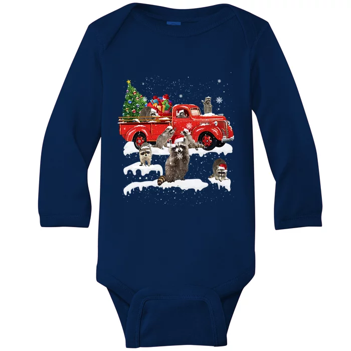 Raccoon Riding Red Truck Merry Christmas Xmas Ugly Gift Funny Gift Baby Long Sleeve Bodysuit