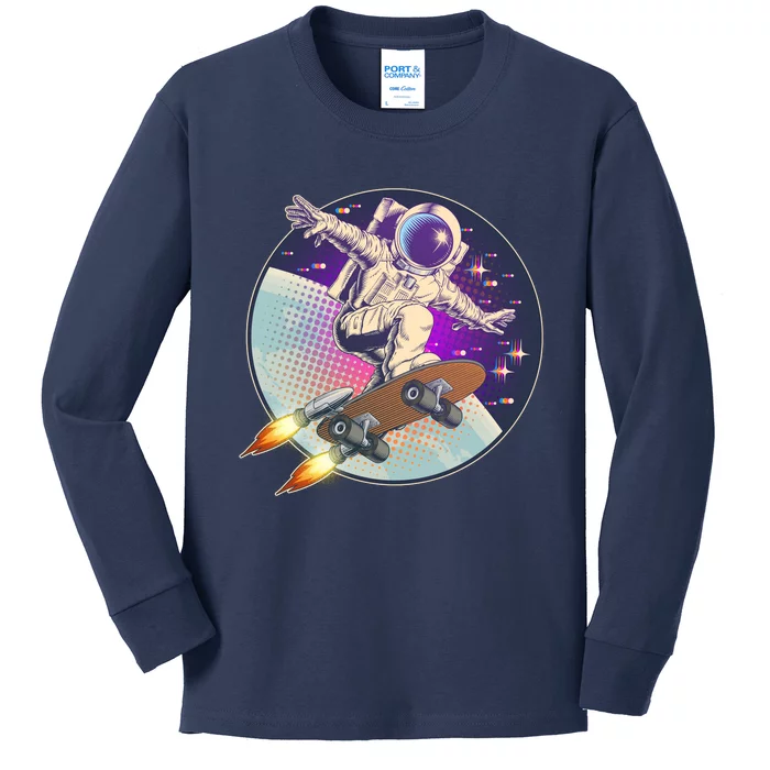 Retro Rocket Skateboarding Space Astronaut Kids Long Sleeve Shirt