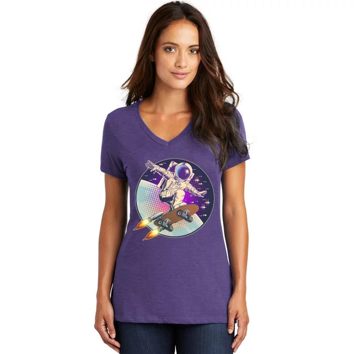 Retro Rocket Skateboarding Space Astronaut Women's V-Neck T-Shirt