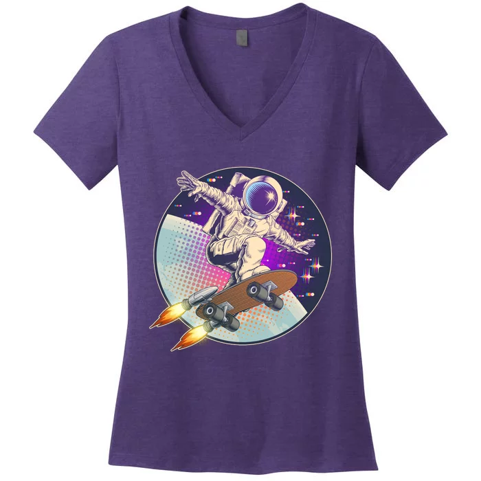 Retro Rocket Skateboarding Space Astronaut Women's V-Neck T-Shirt