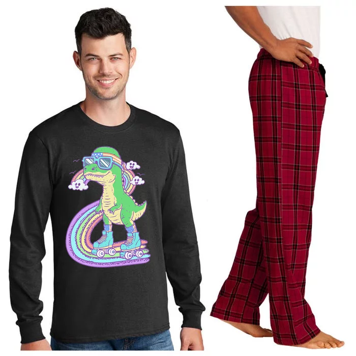 Retro Roller Skating Dinosaur With Rainbow And Cloud Friends Long Sleeve Pajama Set