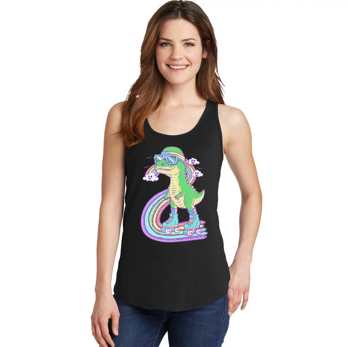 Retro Roller Skating Dinosaur With Rainbow And Cloud Friends Ladies Essential Tank