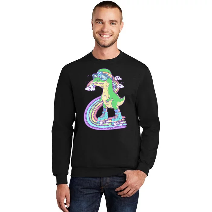 Retro Roller Skating Dinosaur With Rainbow And Cloud Friends Tall Sweatshirt