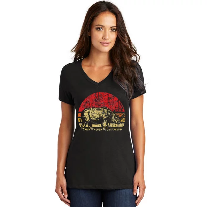 Retro Rhinoceros Safari Rhino Lover Endangered Animals Women's V-Neck T-Shirt