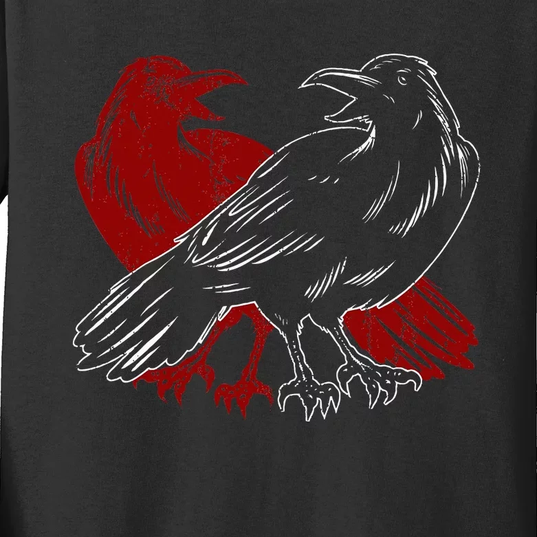 Red Raven Spooky Gothic Animal Forest Bird Black Crow Kids Long Sleeve Shirt