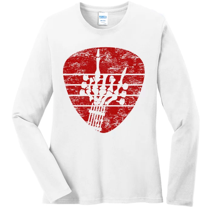 Rock & Roll Skeleton Guitar Music Lover Red Ladies Long Sleeve Shirt