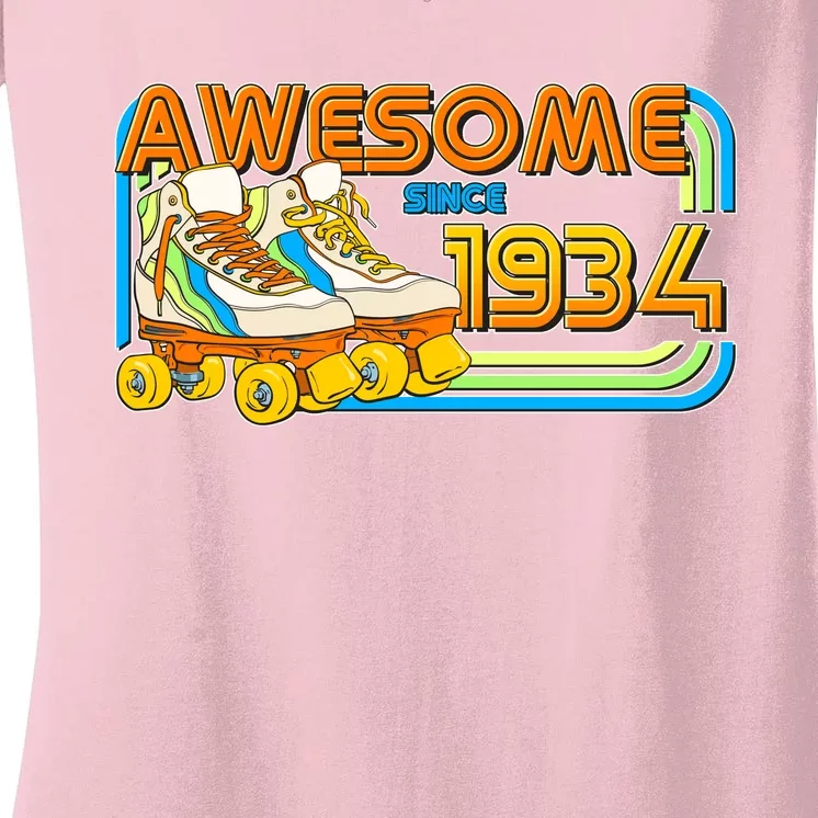 Retro Roller Skates Awesome Since 1934 90th Birthday Women's V-Neck T-Shirt