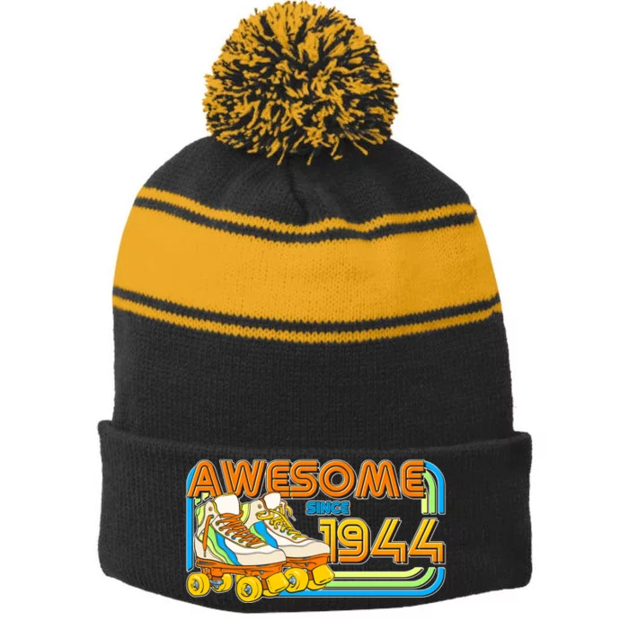 Retro Roller Skates Awesome Since 1944 80th Birthday Stripe Pom Pom Beanie