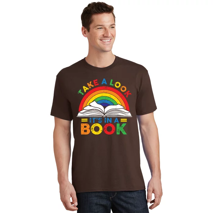 Retro Rainbow Take A Look Its In A Book Reading Bookworm T-Shirt