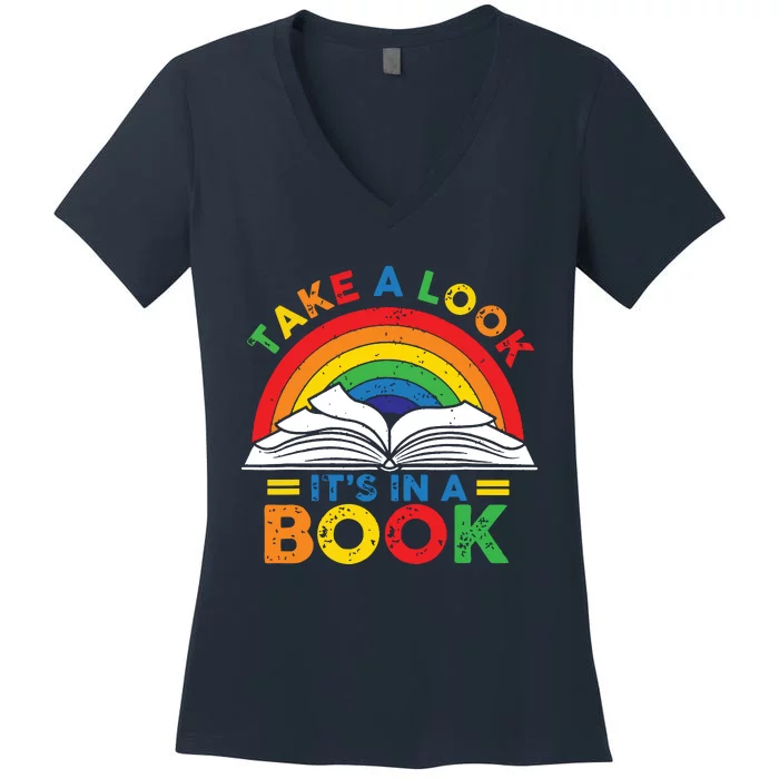 Retro Rainbow Take A Look Its In A Book Reading Bookworm Women's V-Neck T-Shirt