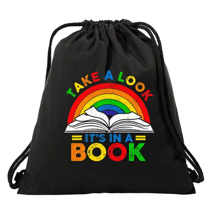 Retro Rainbow Take A Look Its In A Book Reading Bookworm Drawstring Bag