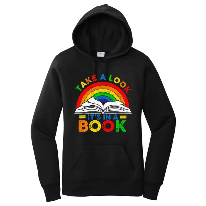 Retro Rainbow Take A Look ItS In A Book Reading Bookworm Women's Pullover Hoodie