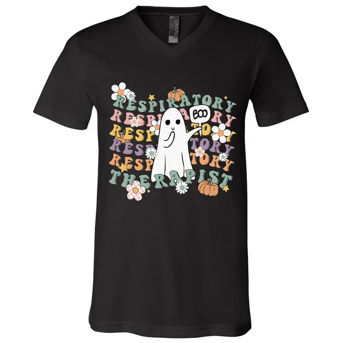 Retro Respiratory Therapist Cute Ghost Halloween Pumpkin V-Neck T-Shirt