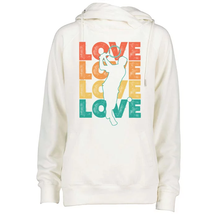 Retro Racquet Tennis Love Word Theme Graphic Design Gift Womens Funnel Neck Pullover Hood